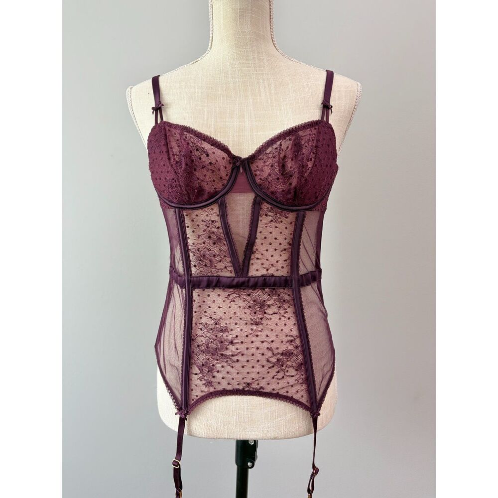 Victoria's Secret Corset Teddy Sz Med Plum Purple Swiss Dot Lace Garter Bustier